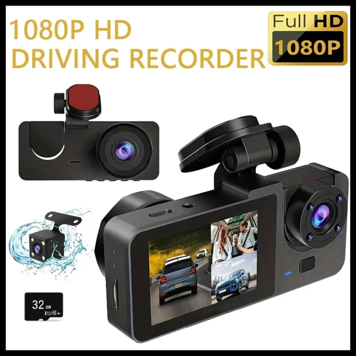 3 Camera 1080P HD Dash Recorder 2.0-Inch IPS Screen Night Vision Recorder Large Wide Angle Cycle Recording